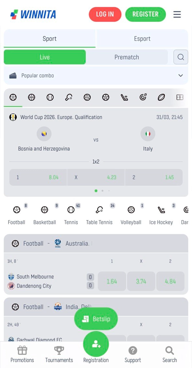 Place bets on global sports via Winwin app section.