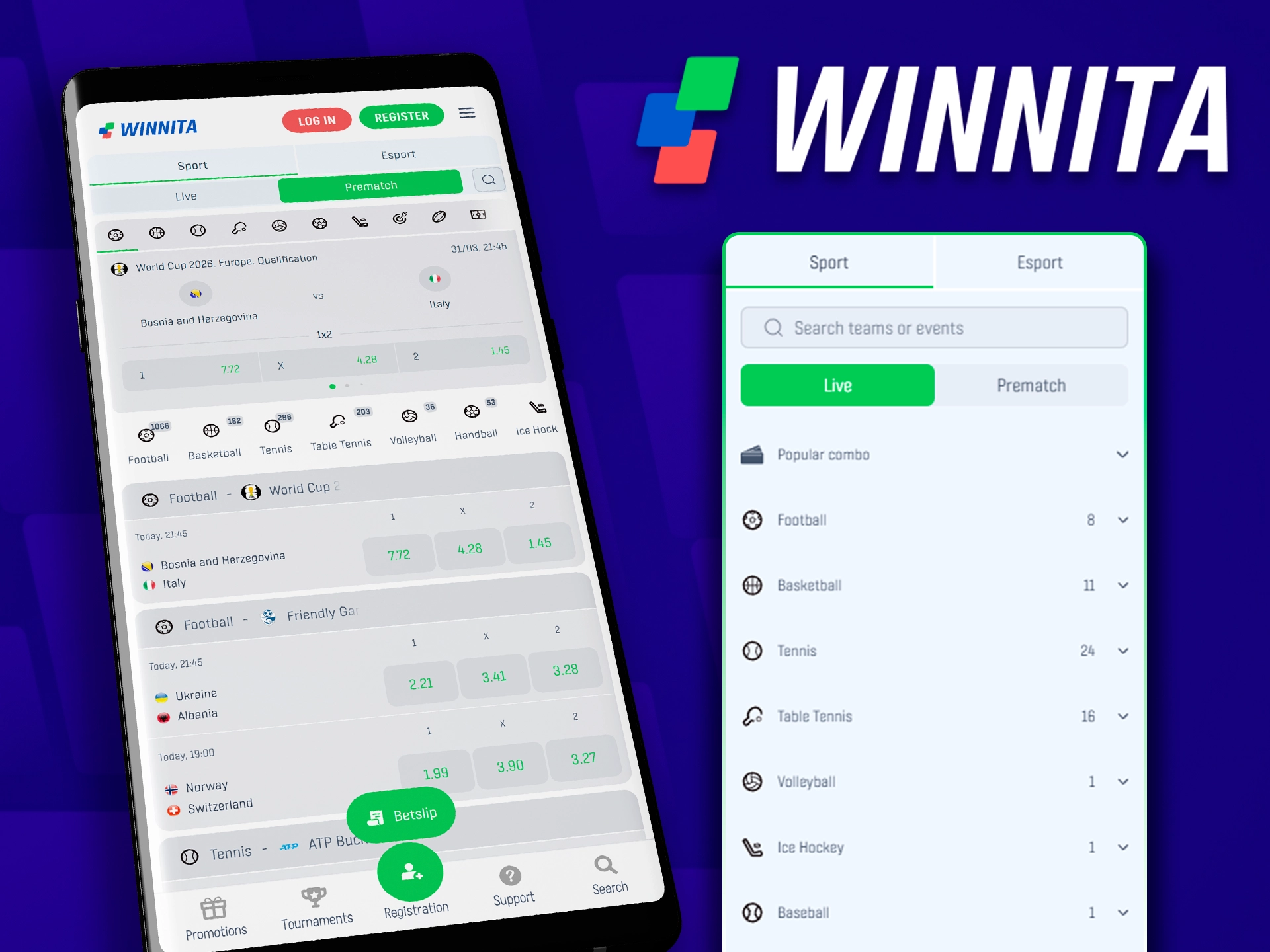 Place your sports bets using the Winnita mobile app.