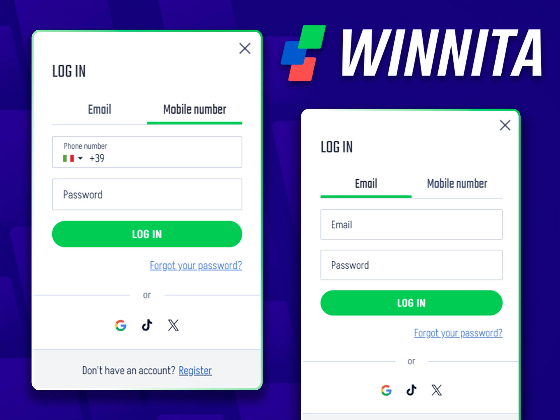 Secure login process for accessing your personal Winnita user account.