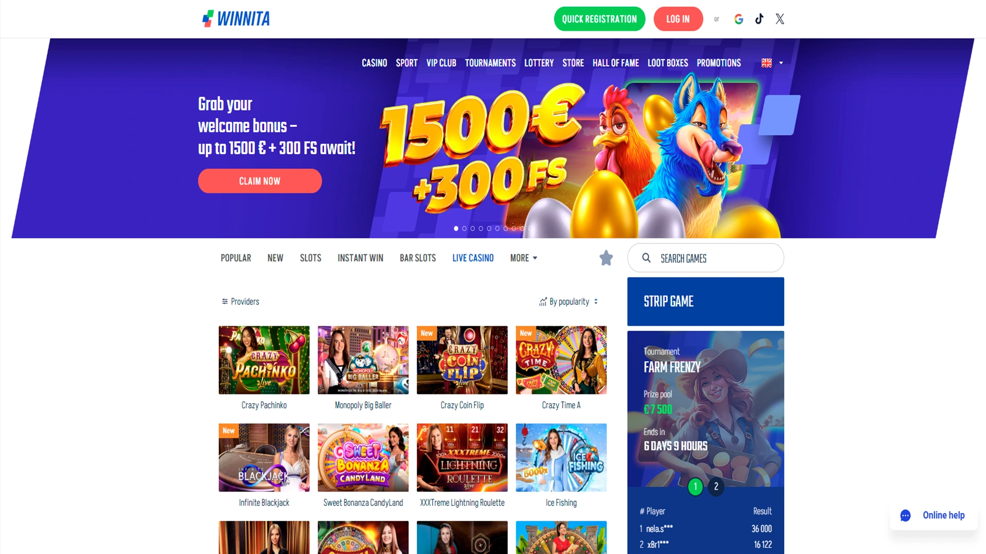 Play the best online slots and table games at Winnita.