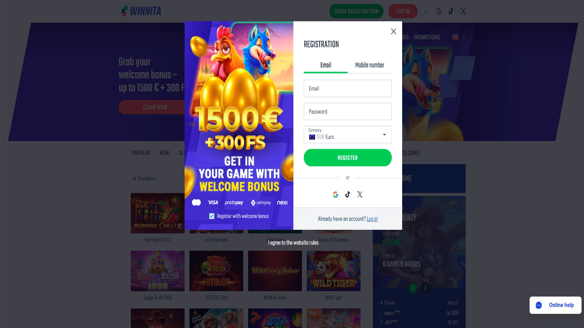 Sign up and create your new player account at Winnita.