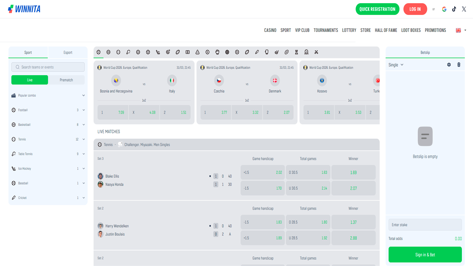 Access live sports betting and competitive odds on Winnita.