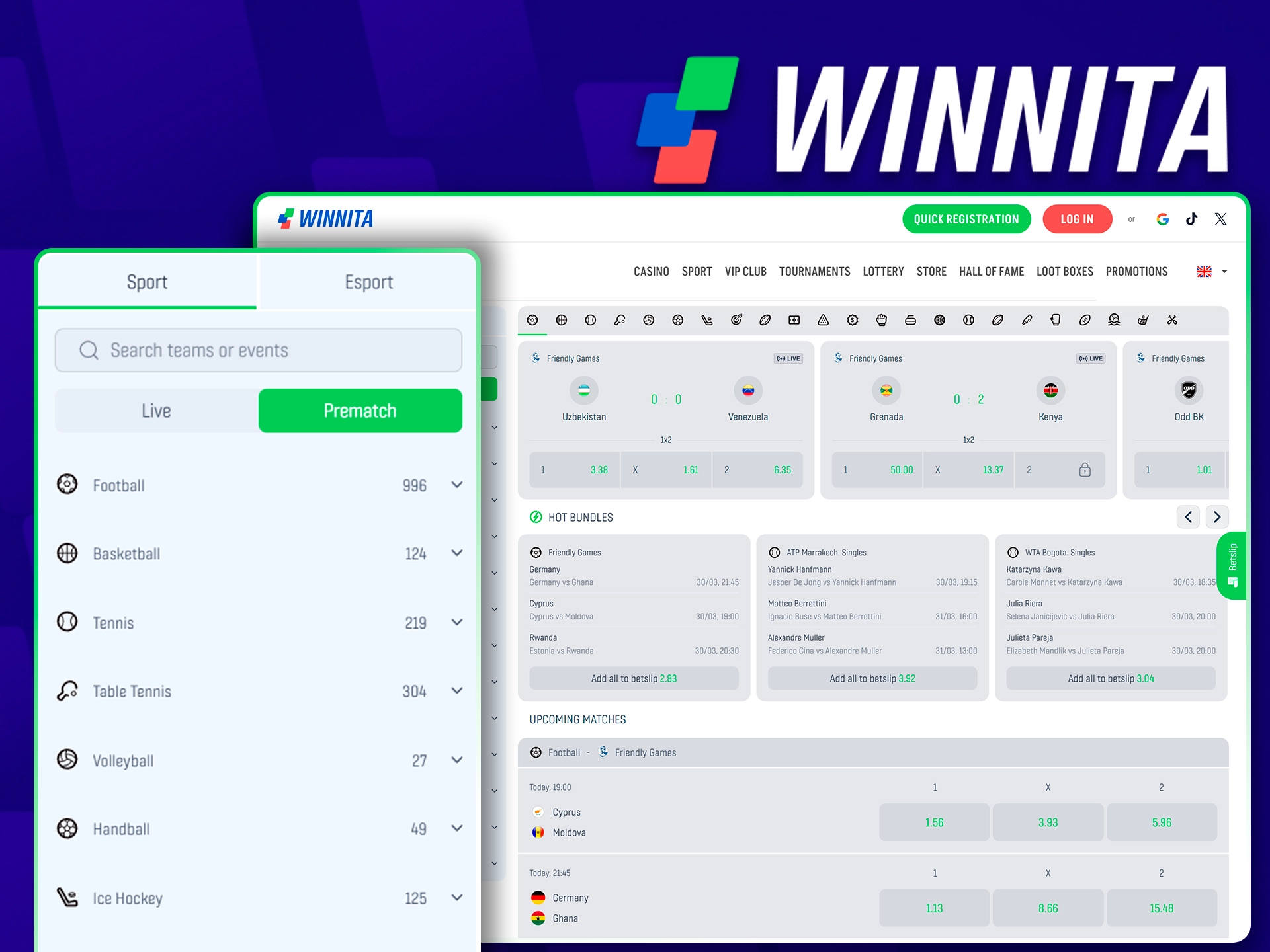 Wide range of sports betting markets available at Winnita.