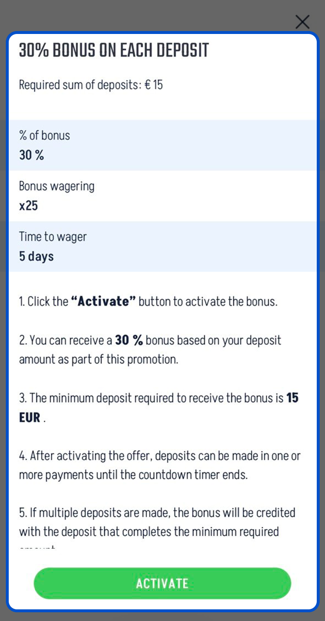 Click to activate the chosen bonus on Winnita.