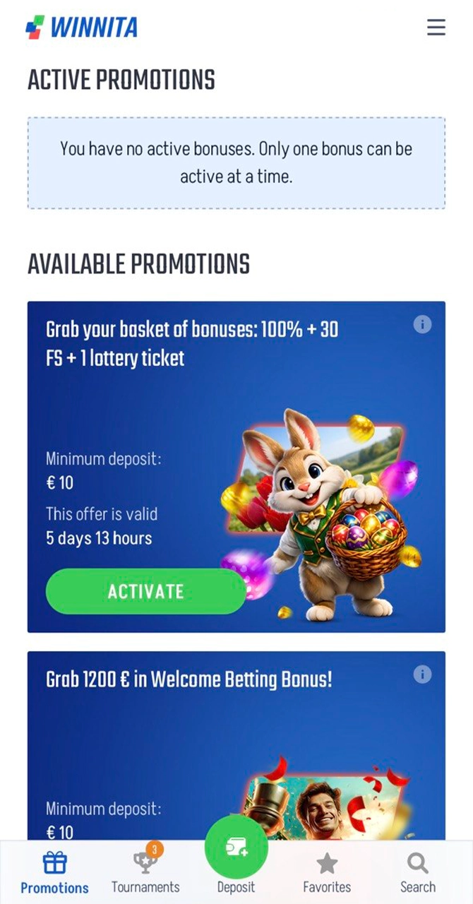 Select your preferred bonus in the Winnita promo section.