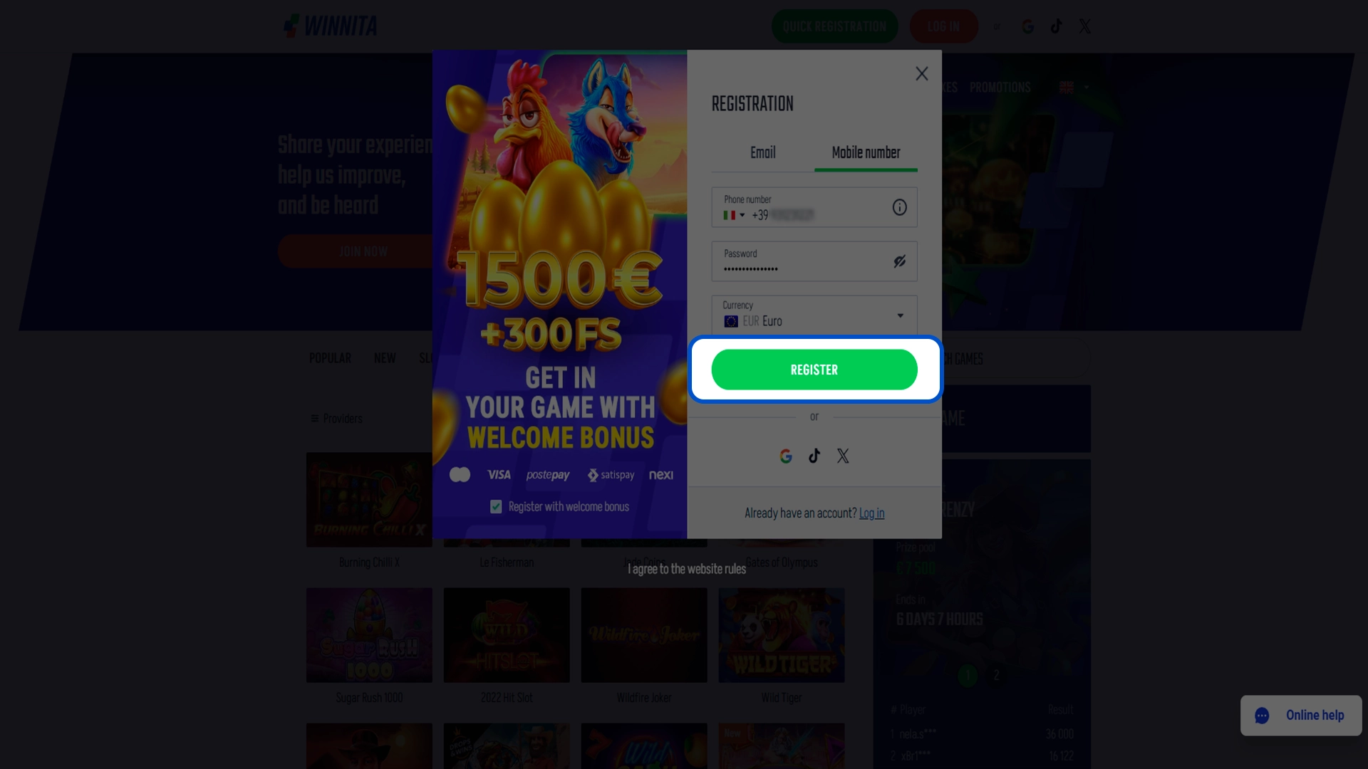 Confirm your information to complete the Winnita sign up.