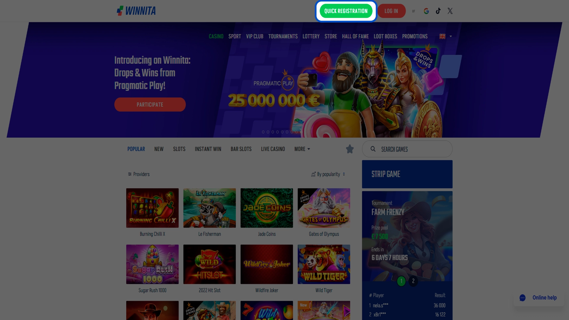 Open the Winnita sign up box to enter details.