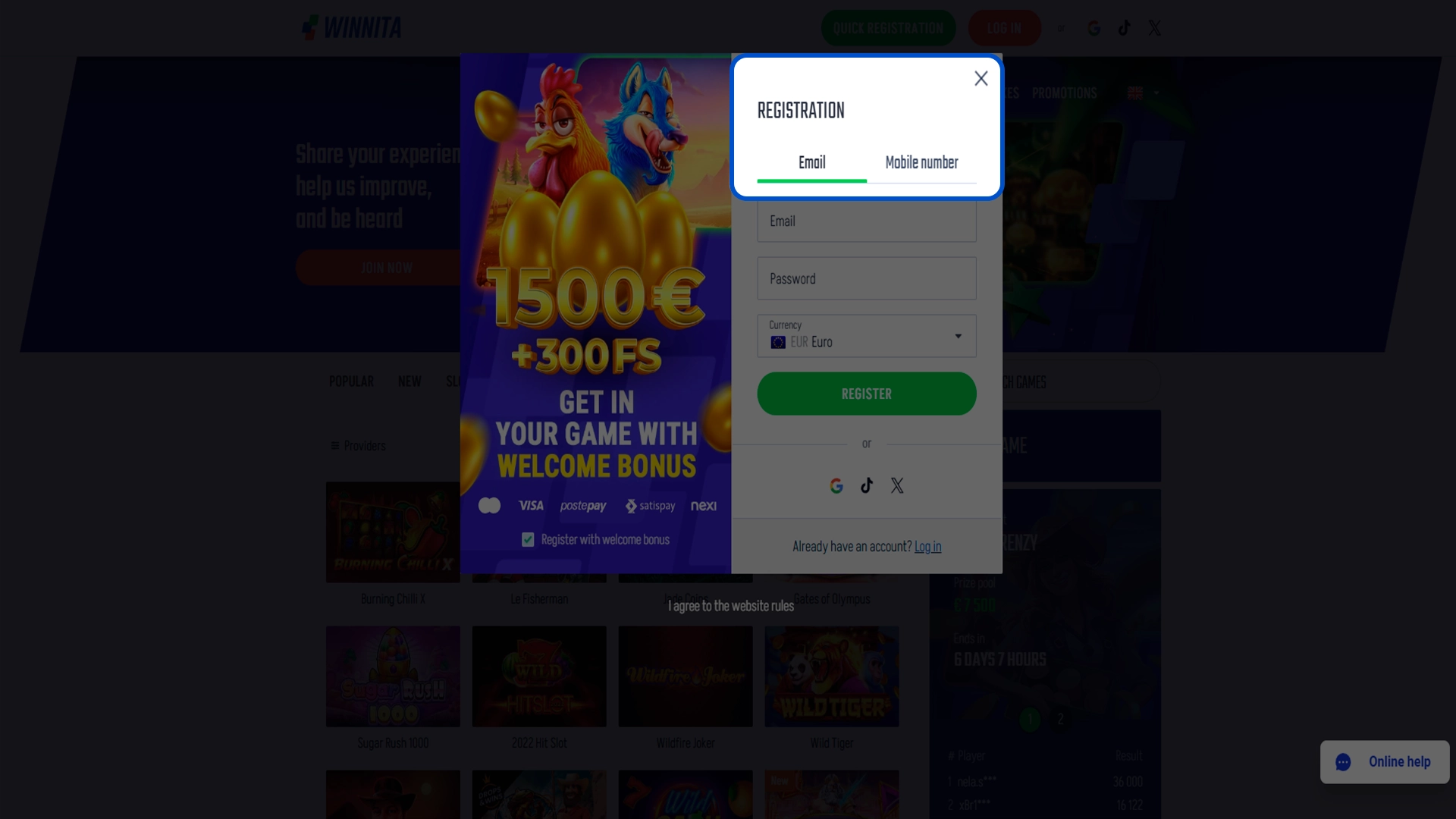 Pick your preferred registration method on the Winnita platform.