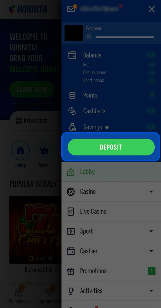 Make a deposit to advance through Winnita VIP levels.